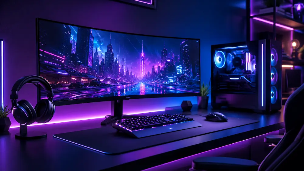 Spațiu de gaming cu ecrane și iluminare ambientală